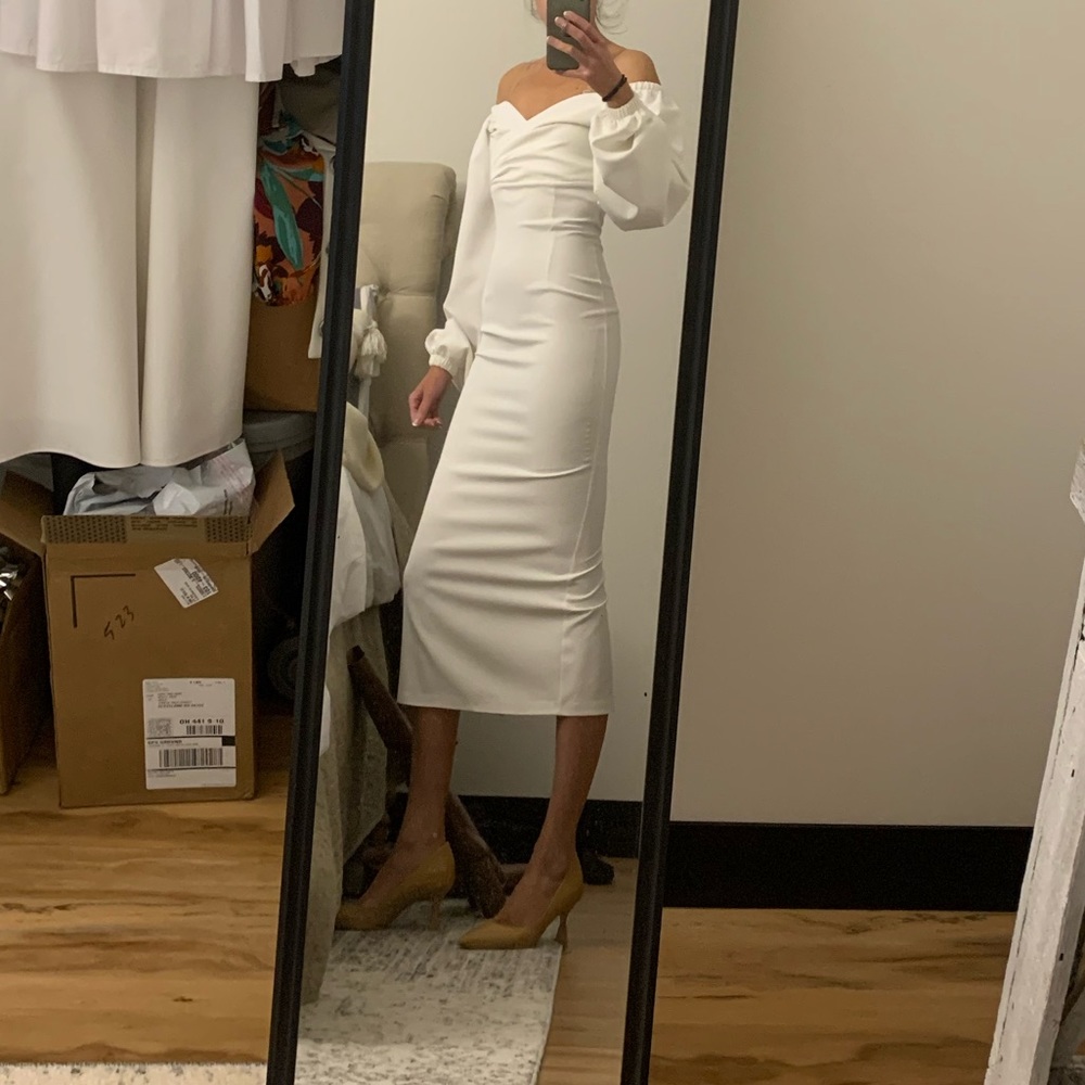 White Puff-Sleeve Midi Dress